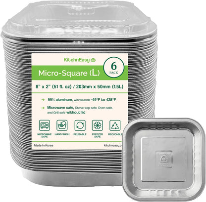 8" Square Heavy Duty Aluminum Container with lid | To-Go Boxes, Meal Prep Containers, Take-Out & Storage Containers | Reusable, Stackable | Reheat in Microwave, Stovetop, Oven & Grill (12)