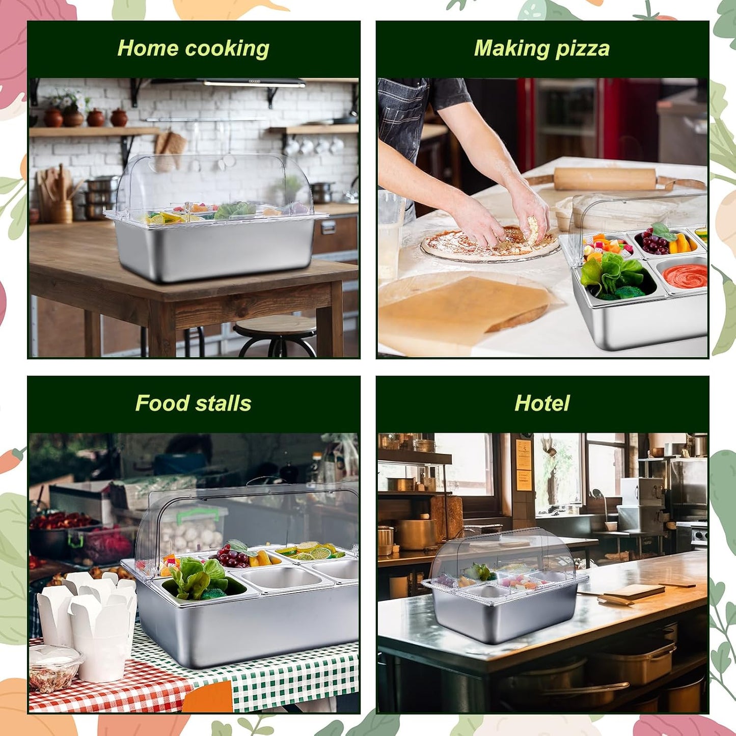 Condiment Tray Stainless Steel Serving Display Set with Lid for Buffet Restaurant Kitchen, Food Chilled Container for Salad Fruit Condiments, Keeps Food Fresh with Ice Box(6 Compartments)