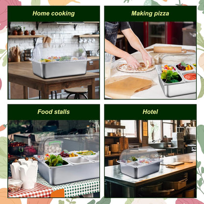 Condiment Tray Stainless Steel Serving Display Set with Lid for Buffet Restaurant Kitchen, Food Chilled Container for Salad Fruit Condiments, Keeps Food Fresh with Ice Box(6 Compartments)