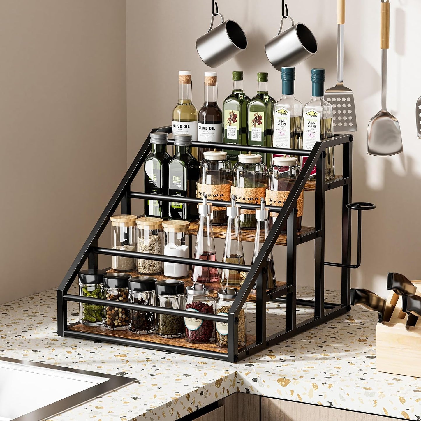 Coffee Syrup Rack Organizer, Spice Racks, Syrup Bottle Holder Stand for Coffee Bar, 3-Tier 12 Bottles Storage Shelves for Syrup, Wine, Dressing for Kitchen Countertop, Rustic Brown & Black