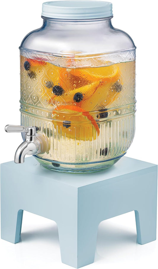 Beverage Dispenser 1 Gallon, Glass Drink Dispenser with Wooden Base Stand, Wide Mouth Jar for Lemonade, Iced Tea, Infused Water, Vintage Kitchen Decor - Green