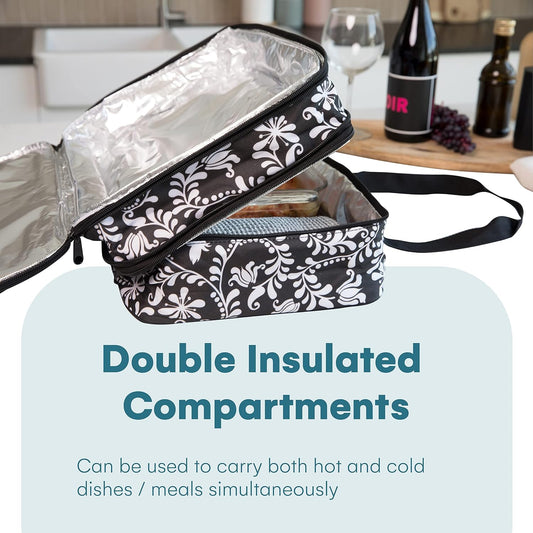Dawhud Direct Insulated Casserole Carrier for Hot or Cold Food - Portable Casserole Dish Carrier with Handles - Black and White Design - 13 x 8 x 4 Inches Food Warmer Bag for Travel and Picnics