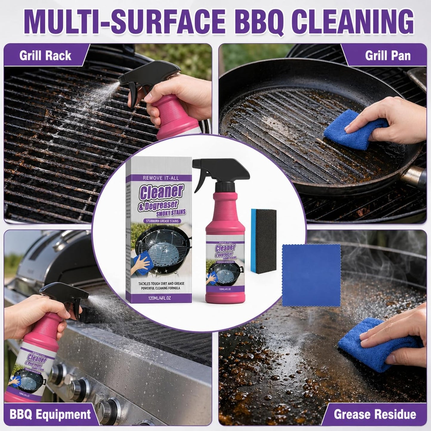 BBQ Grill Cleaner Spray, Heavy Duty Grill Degreaser for Grease, Burnt Food & Smoky Stains, Stainless Steel Cleaner for Outdoor Grill, Grates, Stove Top, Range Hood & Kitchen Surfaces, 120ml (2PCS)