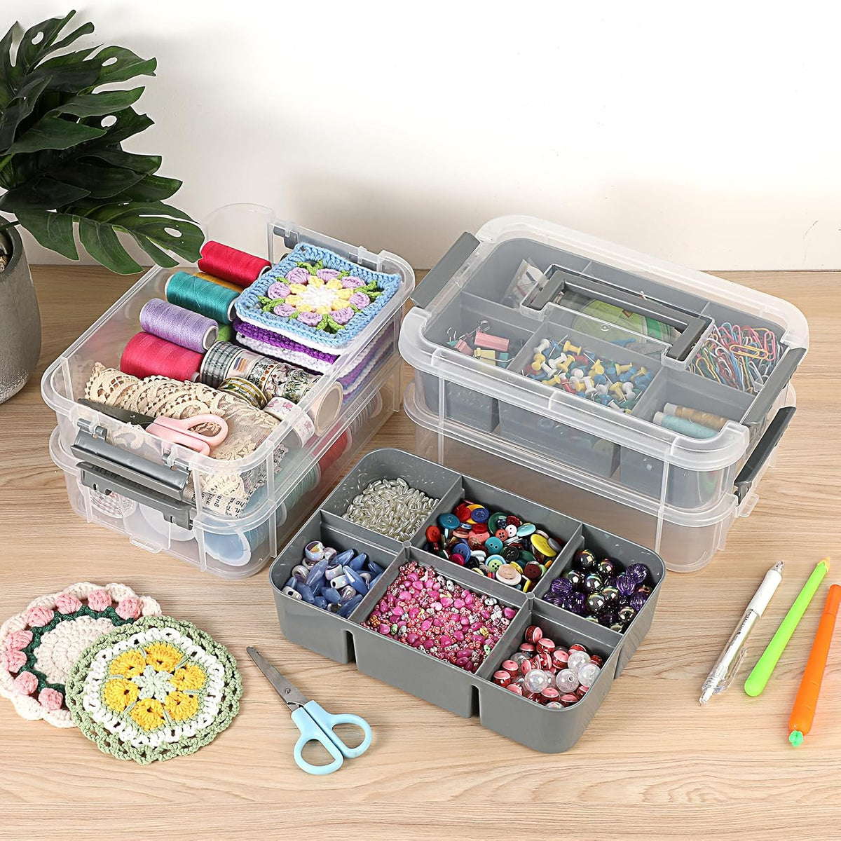 JUXYES 4-Tiers Plastic Stack Carry Storage Containers Box wih Handle Lids | Clear Stackable Latching Storage Bin With 2 Tray for School Office, Organizing Sewing, Art Craft, DIY Supplies, Blue