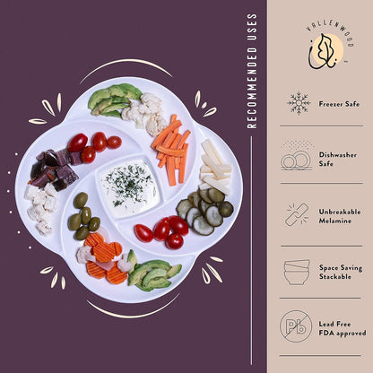 1 Ecology Reusable Non Disposable White Veggie Tray for Partys. 13 in, Unbreakable Melamine Not Plastic. Appetizer Sectioned Platter. Vegetables and Fruits. Chip and Dip Serving Dish for entertaining.