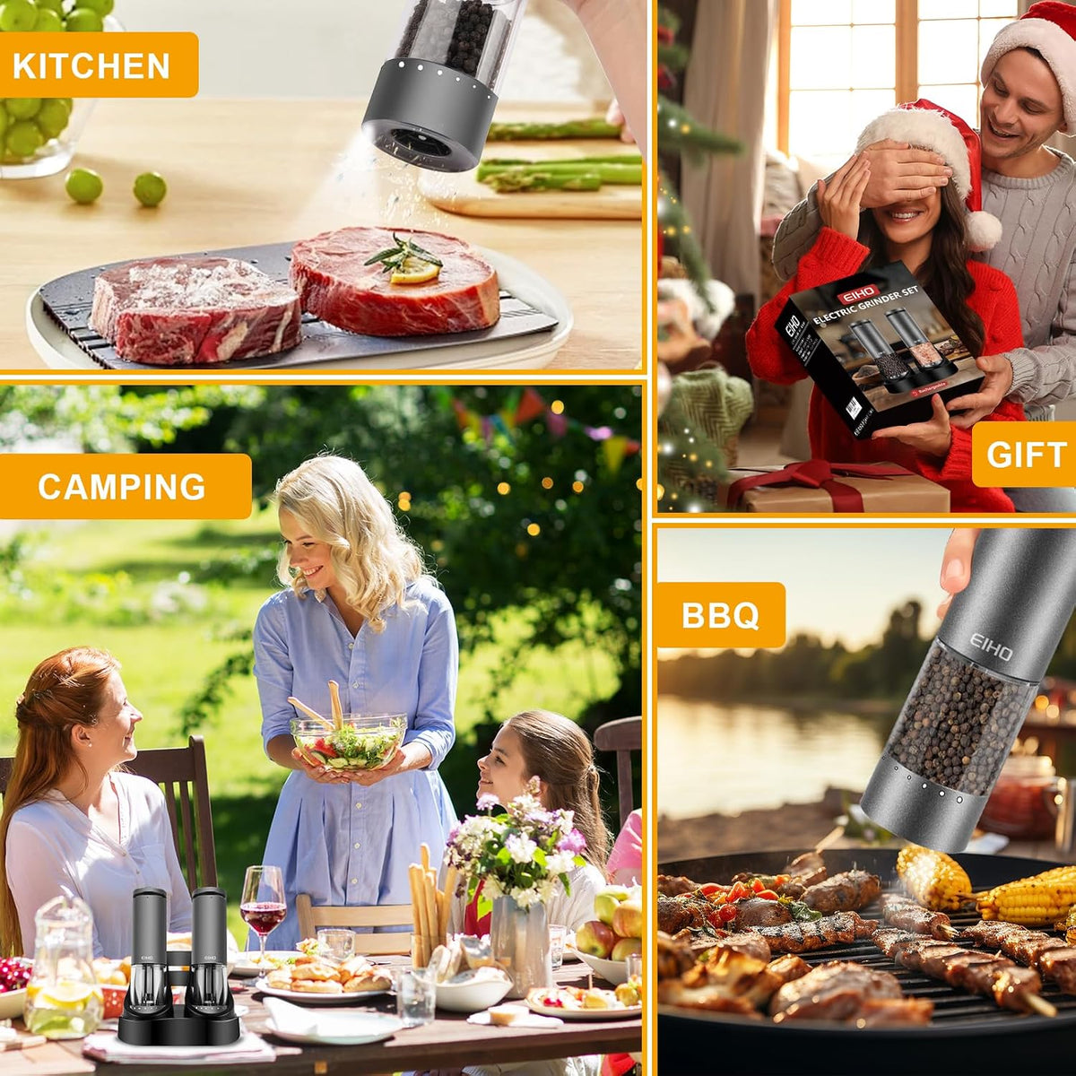 EIHO Electric Salt and Pepper Grinder Set USB Rechargeable, Upgraded External Adjustable Coarseness, Stainless Steel Automatic Salt and Pepper Shakers Mills with LED Light, House Warming Cooking Gifts