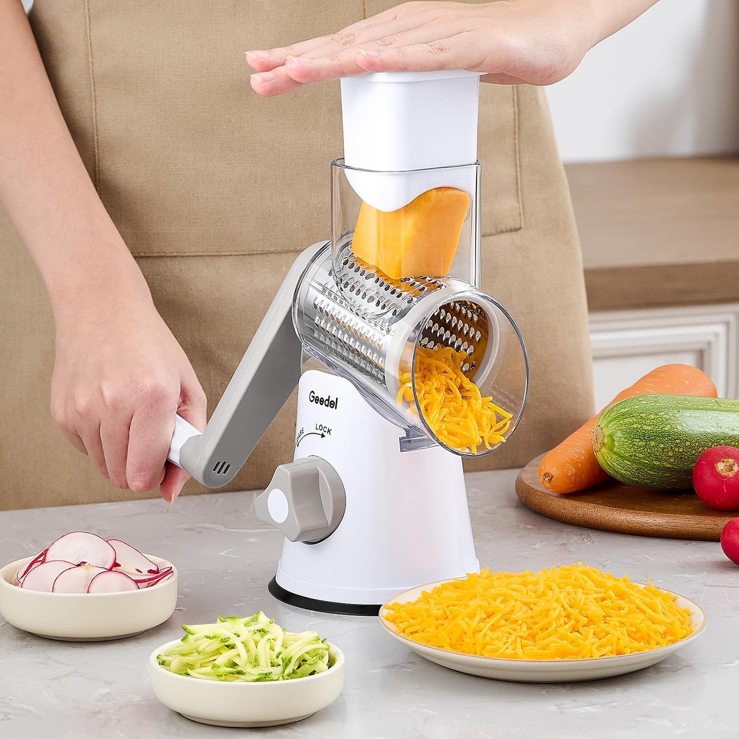 Geedel Rotary Cheese Grater, Kitchen Mandoline Vegetable Slicer with 3 Interchangeable Blades, Easy to Clean Rotary Grater Slicer for Cheese, Vegetables, Nuts
