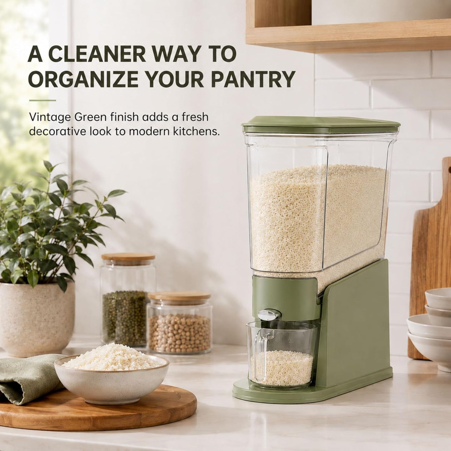 ROOM127 Rice Dispenser 22 Lbs, Large Airtight Grain Container, Cream White | Family Size Storage, BPA-Free, Moisture-Proof Seal, One-Touch Pouring, Clear Window, for Cereal, Beans, Oats & Dry Food