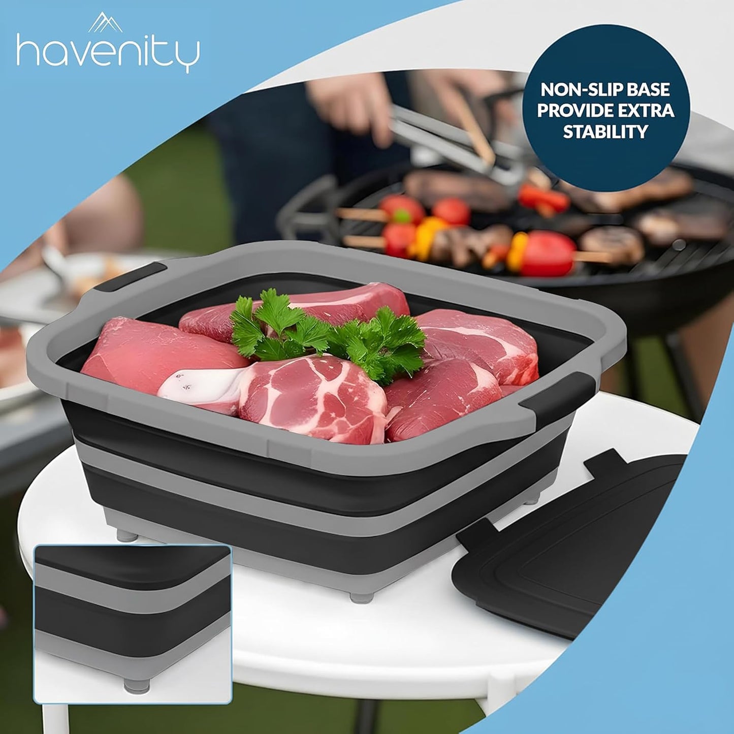 BBQ Prep Tub 8L - Multifunctional Collapsible Camping Cutting Board with Upgraded Locking lid, Meat Storage Container for Meal Prep, Dish Basin Bowl Perfect for Grilling Outdoor Cooking Large