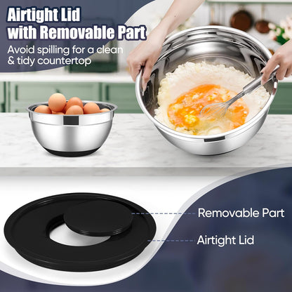 E-far Stainless Steel Mixing Bowls with Lids Set, 5-Piece Nesting Salad Bowls with 3 Grater Attachments and Non-Slip Bottoms, Size 4.6, 2.6, 2, 1.5, 1QT for Kitchen (Khaki)