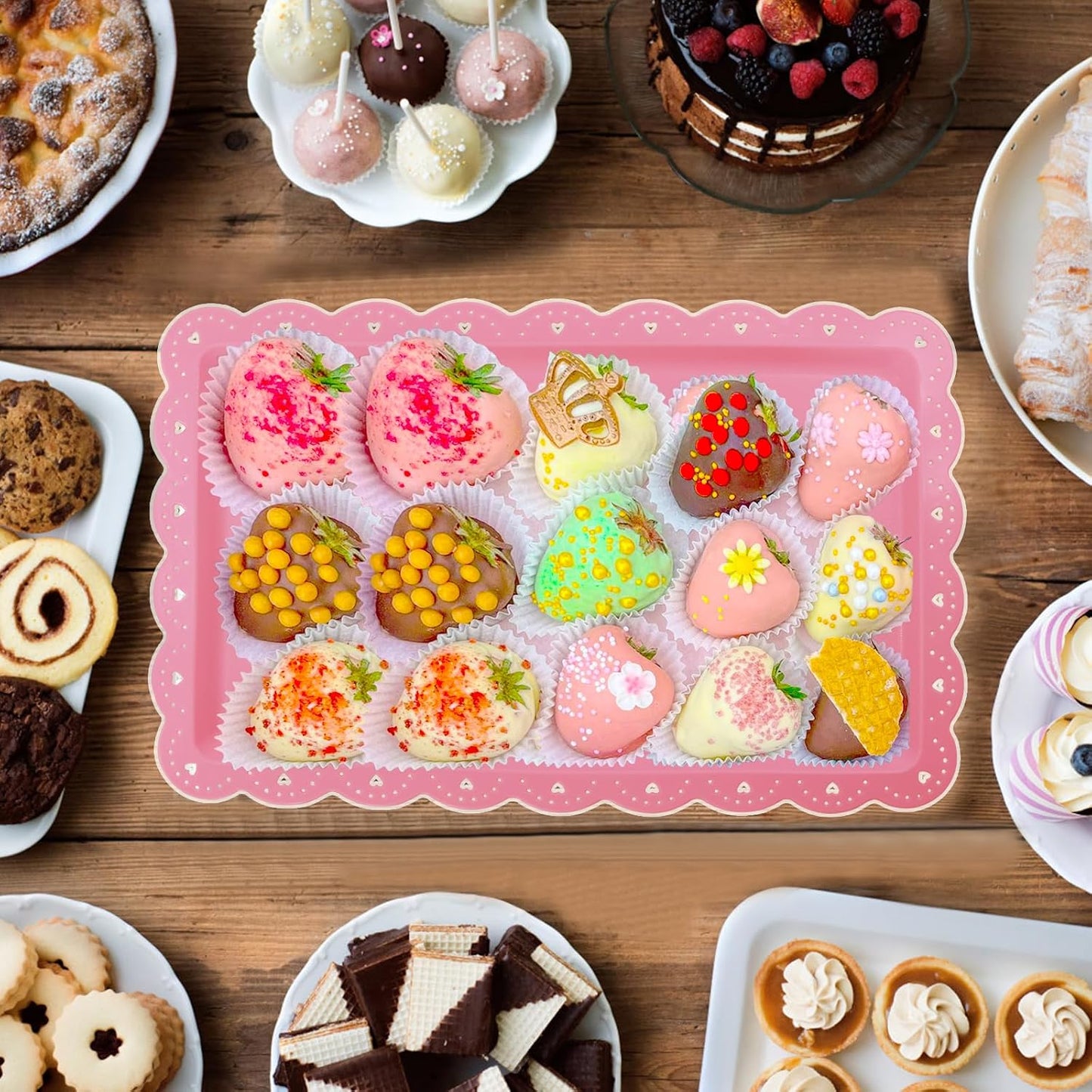 Set of 6 Plastic Serving Trays Food Tray - 14" x 9" Rectangle Serving Platter for Party Cafeteria Kitchen Restaurant , Small Flat Trays for Dessert Fruit Cookie Snack (6, White)