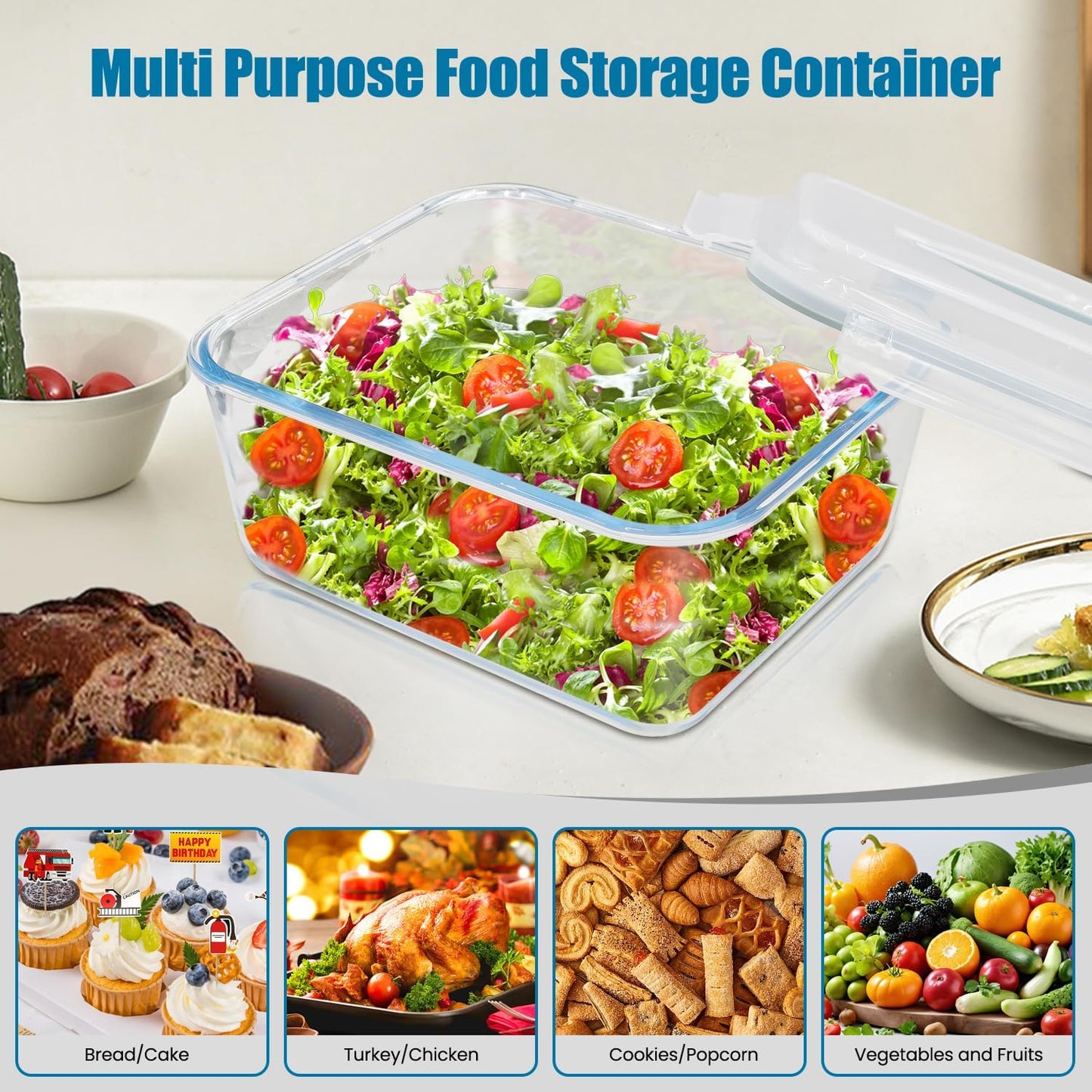 2 Pack Large Glass Storage Containers with Lids 85oz/10.5cup Big Airtight Glass Food Storage Containers for Rotisserie Chicken Watermelon Meal Prep, BPA Free, Freezer Dishwasher Oven Safe