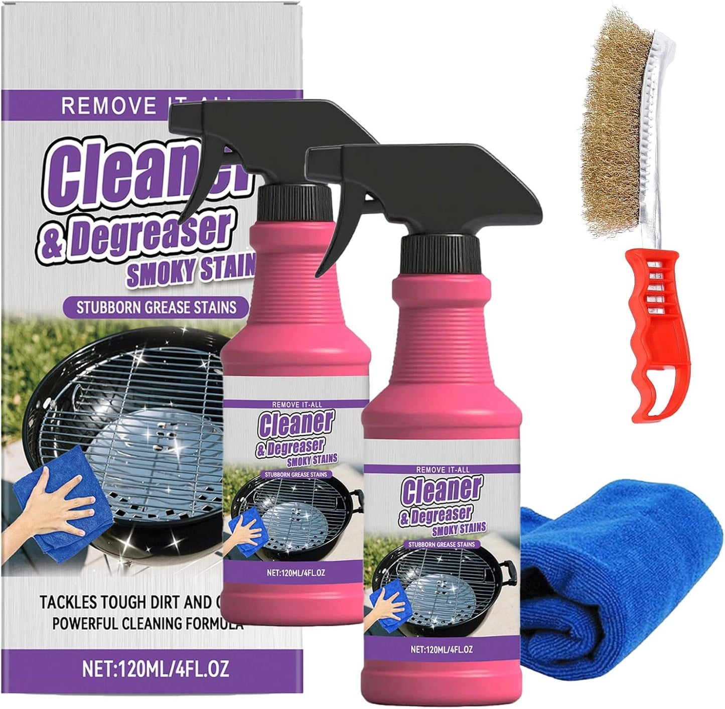 Fast-Acting Heavy-Duty Grill Degreaser Spray, Heavy Duty BBQ Grill Degreaser, Professional Grade Stain Remover Easily Lifts Baked-On Carbon and Grease (2PC)