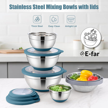 E-far Mixing Bowls with Lids Set, 15PCS Stainless Steel Mixing Nesting Bowl with Colander & 3 Metal Grater for Kitchen Prep/Baking/Storage, Non-Slip Bottom & Airtight Lid, 4.6, 3, 1.5, 1, 0.7QT, Black