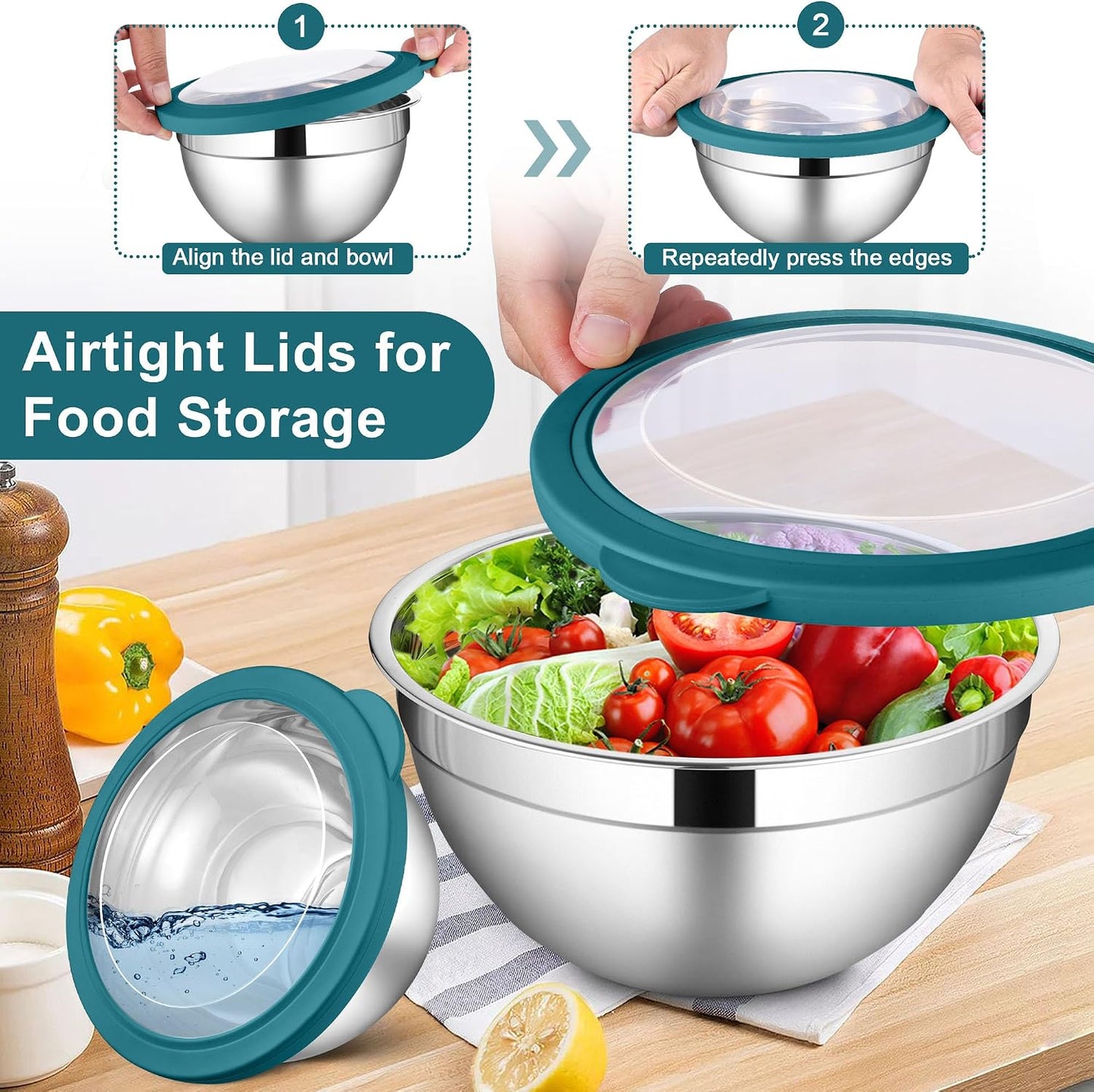 LIANYU Stainless Steel Mixing Bowls Sets of 6, Large 7, 3.5, 2.5, 2, 1.5, 1QT Size with Transparent Airtight Lids, Metal Nesting Serving Bowl Sets for Home Kitchen, Dishwasher & Freezer Safe, Black