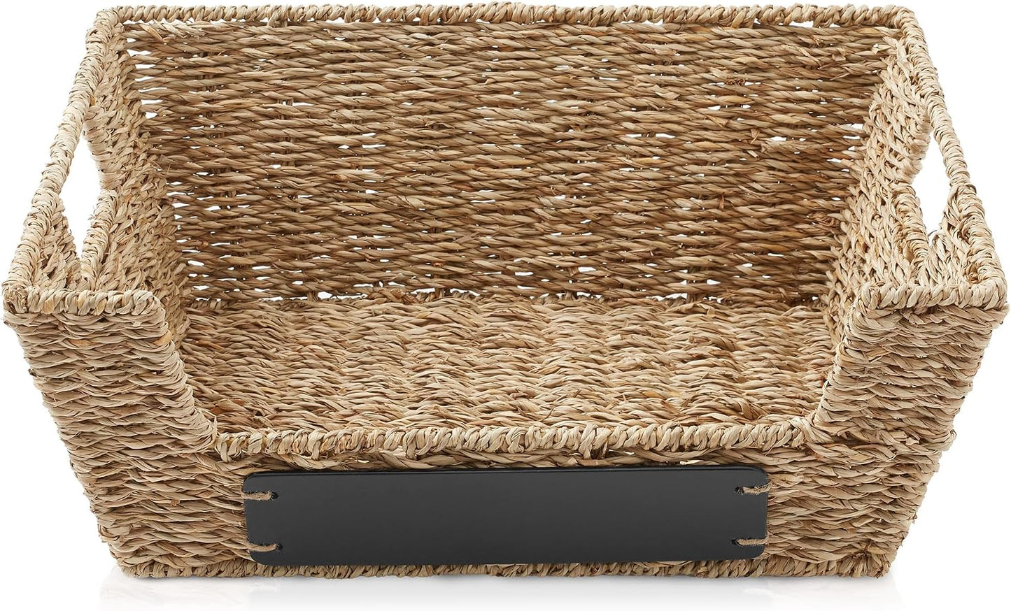 Casafield Set of 2 Water Hyacinth Pantry Baskets with Handles, Chalkboard Labels, and Marker - Natural, Wide Woven Storage Bin Organizers for Kitchen Shelves