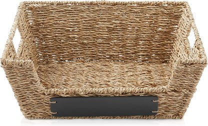 Casafield Set of 2 Water Hyacinth Pantry Baskets with Handles, Chalkboard Labels, and Marker - Natural, Wide Woven Storage Bin Organizers for Kitchen Shelves
