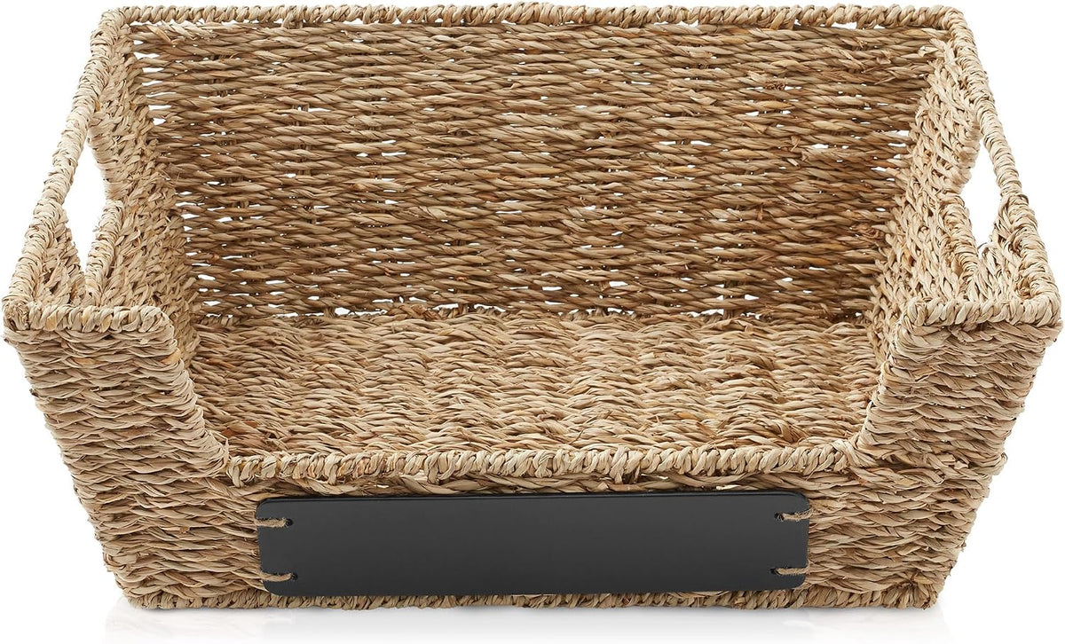 Casafield Set of 2 Water Hyacinth Pantry Baskets with Handles, Chalkboard Labels, and Marker - Espresso, Wide Woven Storage Bin Organizers for Kitchen Shelves