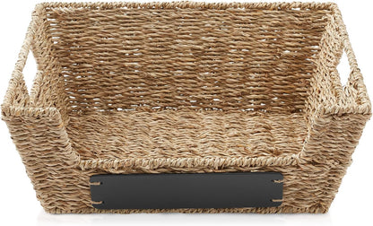 Casafield Set of 2 Water Hyacinth Pantry Baskets with Handles, Chalkboard Labels, and Marker - Espresso, Wide Woven Storage Bin Organizers for Kitchen Shelves