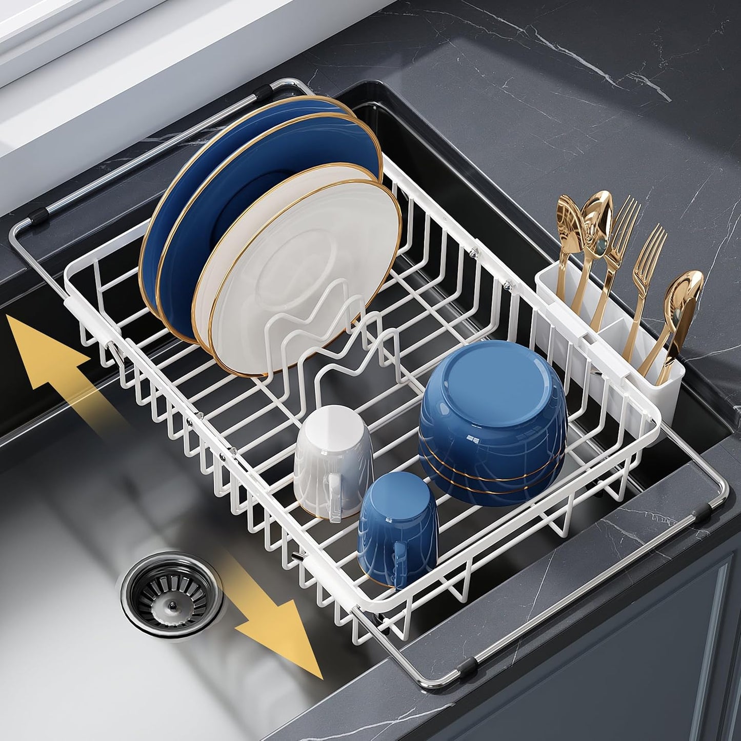 JASIWAY Dish Drying Rack in Sink, Expandable Stainless Steel Dish Drainers for Kitchen Counter, Dish Dryer Rack for Inside Sink, Over The Sink Dish Racks with Utensil Holder, Silver