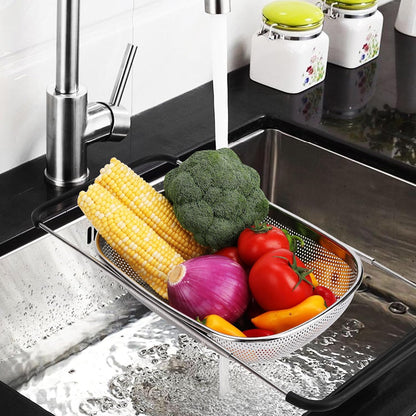 ZDRongZhen Kitchen Accessories Over the Sink Colander Strainer Basket，Stainless Steel Colander with Expandable Rubber Grip Sink Drainer-Rinse Vegetables Fruits &Strain&Drain (Large-Fine mesh)