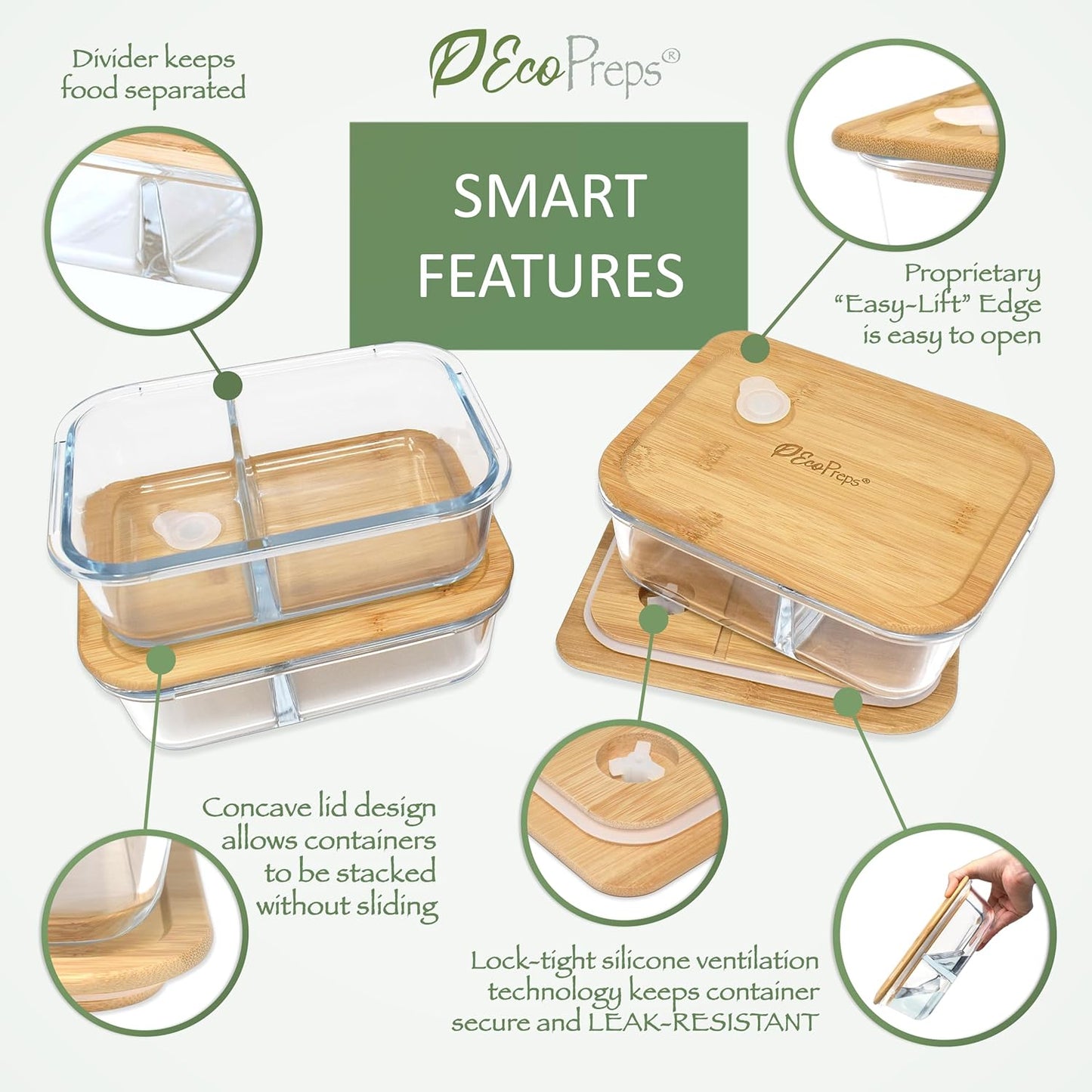 EcoPreps Glass Bento Box Containers with Bamboo Lids, 3 Compartment Glass Meal Prep Containers (3 Pack) - 100% Plastic Free, Eco-Friendly Lunch Container Set, Bamboo Lid Bento Boxes for Adults