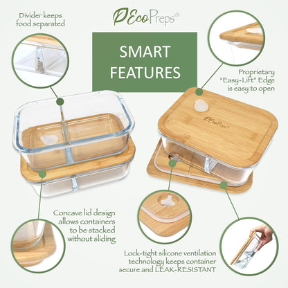 EcoPreps Glass Bento Box Containers with Bamboo Lids, 3 Compartment Glass Meal Prep Containers (3 Pack) - 100% Plastic Free, Eco-Friendly Lunch Container Set, Bamboo Lid Bento Boxes for Adults
