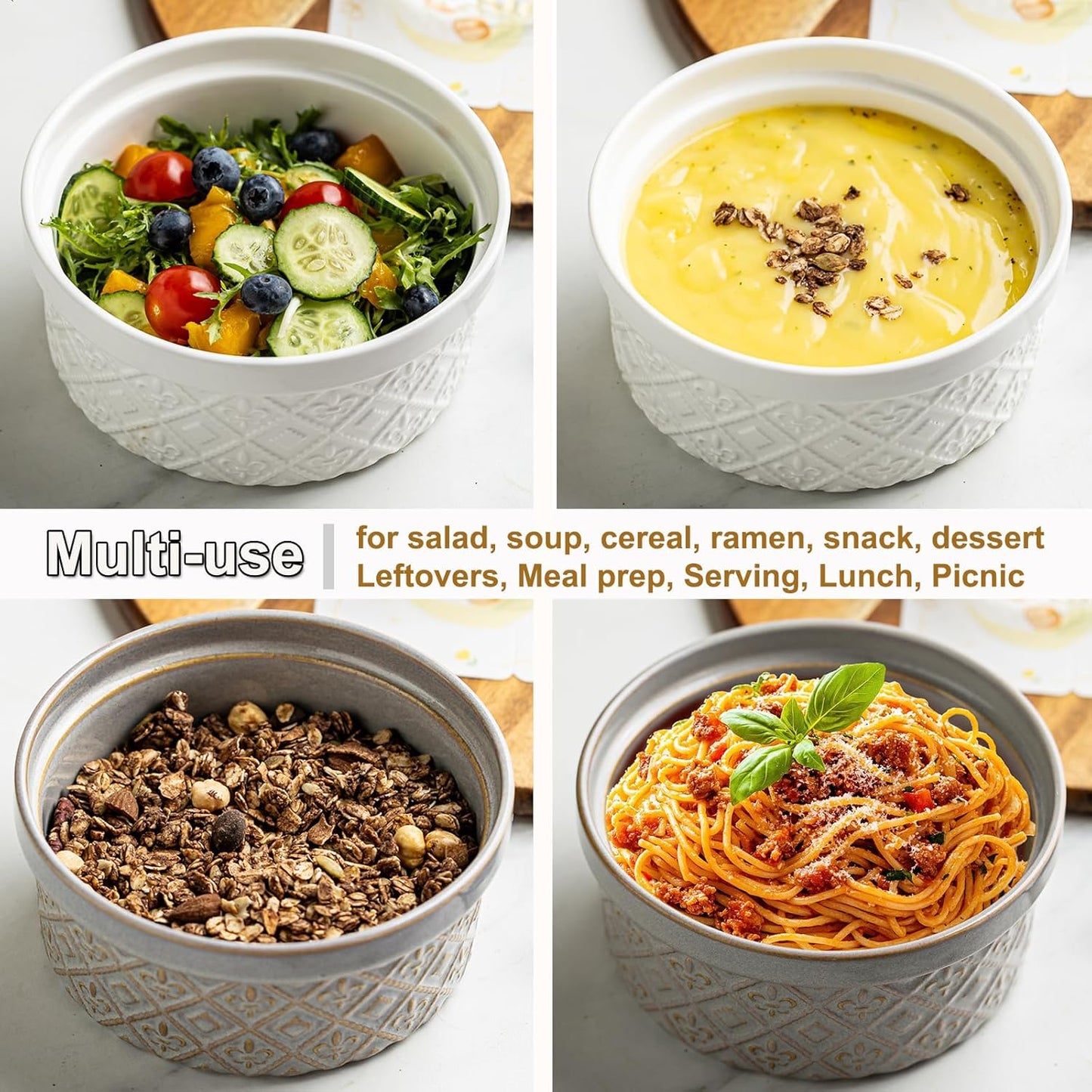 Airtight Food Storage Containers with Lids Mixing Bowls Set, Ceramic Serving Bowls with Lids Set of 4, 12/16/28/40 oz Stackable Nesting Salad Bowls for Cooking, Baking, Ramen - Beige