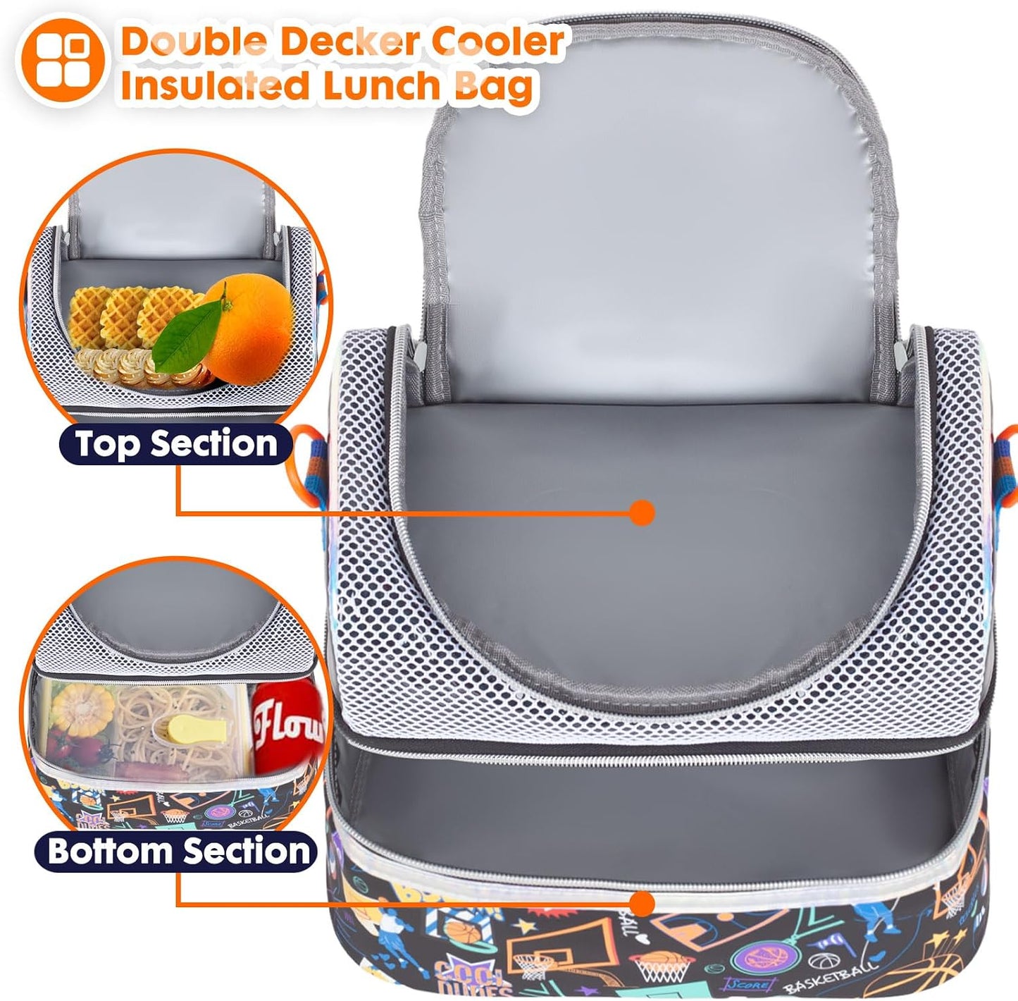 Kids Double Decker Cooler Insulated Lunch Bag, Back to School Large Meal Tote for Boys, Girls, Men, Women, with Adjustable Strap, Soccer