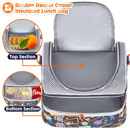 Kids Double Decker Cooler Insulated Lunch Bag, Back to School Large Meal Tote for Boys, Girls, Men, Women, with Adjustable Strap, Soccer