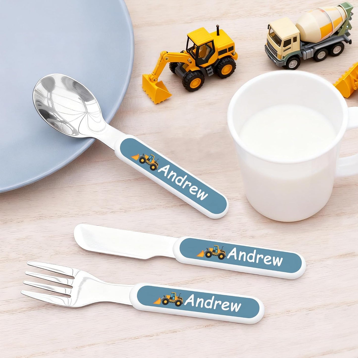 Personalized Stainless Steel Kids Utensils Set Custom Name on Kids Forks Knife and Spoons for 3 Pcs Kid Cutlery Set with Case (Truck)