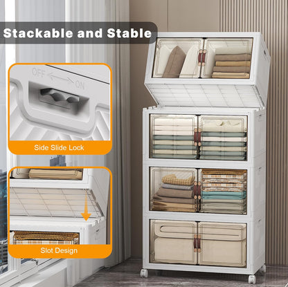 UAMFURI 720QT Stackable Storage Bins with Lids, Extra Large Storage Cabinet with Doors and Wheels, Collapsible Plastic Storage Box for Bedroom Dorm Office Garage