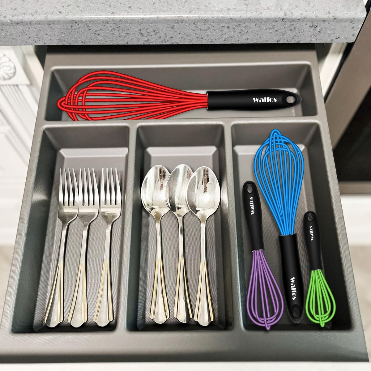 Walfos Silicone whisk,Whisks for Cooking Non Scratch, BPA Free whisk set of 4, 7+9+11in Balloon Whisks & 11in Flat Whisk, Heat Resistant(480°F).Great for Cooking in Pans, Baking, Whisking.Blue