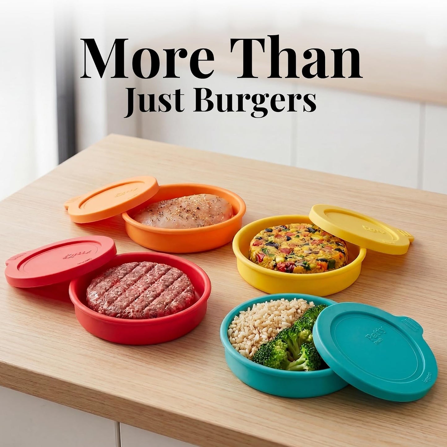 Silicone Burger Patty Mold Set with Lid, Nonstick Burger Press for 1/4 lb Patties, Food-Grade Patty Maker for Beef, Chicken & Veggie Burgers, Food Freezer Container, 4 Pack