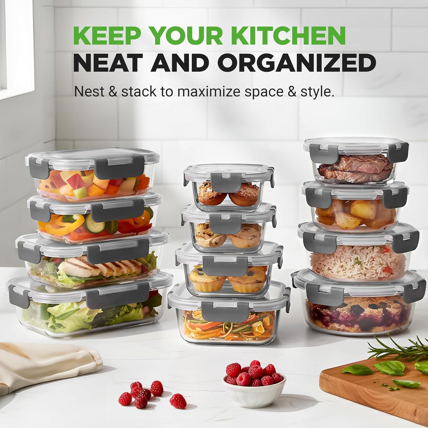 NutriChef 24pcs Glass Food Storage Containers, (12 Stackable Heavy Duty Meal Prep Containers w/ 12 Airtight Lids), Microwave, Freezer, & Dishwasher Safe for Food, Snacks, Fruit & More, (Gray)
