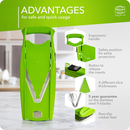Börner Mandoline Slicer V5 (Basic Set) • Vegetable V-Slicer for Slices in 4 Thickness Settings • Stainless Steel V-Blade • Adjustable Kitchen Slicer for Vegetables & Fruits • Color: Green