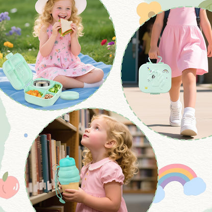 Aimsnk Magical Dinosaur Kids Lunch Box Set -12oz Insulated Food Jar, Leakproof Lunch Food Containers Cutlery, Leak-Proof Sauce Cup & Spoon, Gradient Green+Jar Green