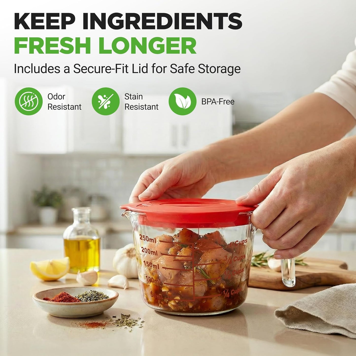 NutriChef 1,2 and 4 Cups Glass Measuring Cup Set with Lids (8, 17 and 34 oz) - Heat-Resistant Borosilicate Liquid Measure Cups with Easy-Read Scale for Cooking, Baking & Food Storage, Dishwasher Safe