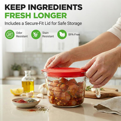 NutriChef 1,2 and 4 Cups Glass Measuring Cup Set with Lids (8, 17 and 34 oz) - Heat-Resistant Borosilicate Liquid Measure Cups with Easy-Read Scale for Cooking, Baking & Food Storage, Dishwasher Safe