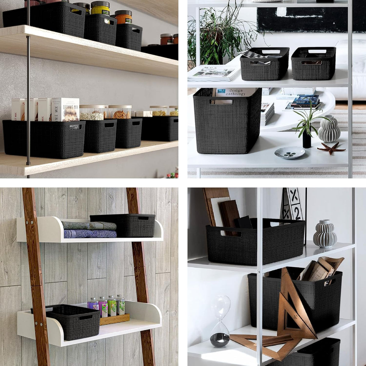 Curver Set of 4 Large 18L Easy Access Jute Decorative Plastic Organization and Storage Baskets - Perfect Bins for Home Office, Closet Shelves, Kitchen Pantry and All Bedroom Essentials, Black