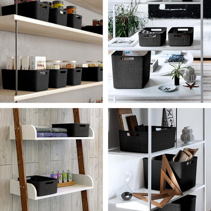 Curver Set of 4 Large 18L Easy Access Jute Decorative Plastic Organization and Storage Baskets - Perfect Bins for Home Office, Closet Shelves, Kitchen Pantry and All Bedroom Essentials, Black