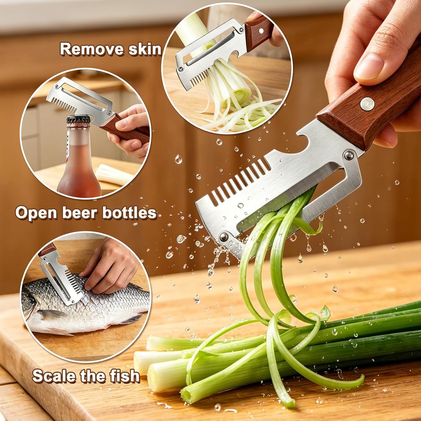 Vegetable Peeler with Wooden Handle, 3-in-1 Stainless Steel Julienne Peelers for Kitchen, Scallion Shredder & Built-in Bottle Opener, Fruit Potato Carrot Pumpkin Peeling Tool, 3 Pack