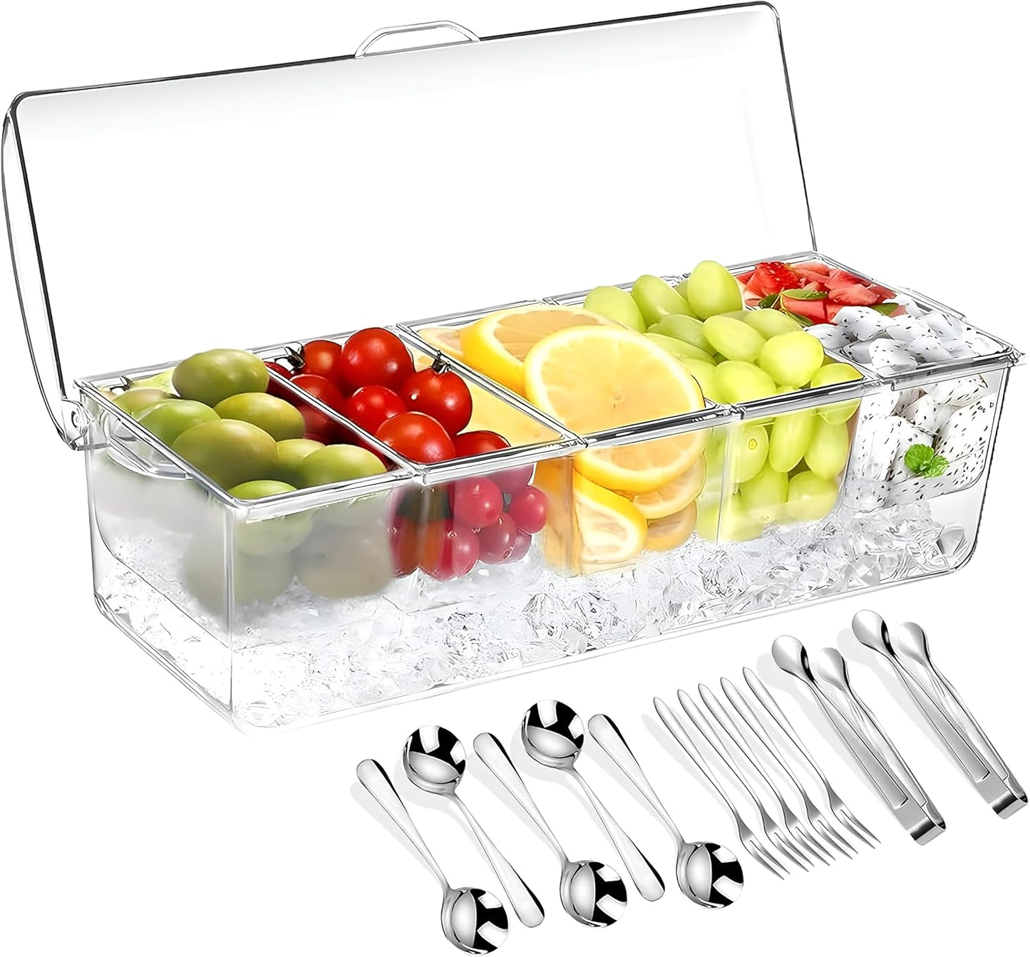 𝐋𝐚𝐫𝐠𝐞 Ice Chilled Condiment Server Caddy with 5 Removable Compartments (2.5 Cup), Clear Garnish Tray with Lids – Fruit, Salad, Taco, Bar Platter – Free Stainless Steel Accesories