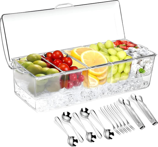 𝐋𝐚𝐫𝐠𝐞 Ice Chilled Condiment Server Caddy with 5 Removable Compartments (2.5 Cup), Clear Garnish Tray with Lids – Fruit, Salad, Taco, Bar Platter – Free Stainless Steel Accesories