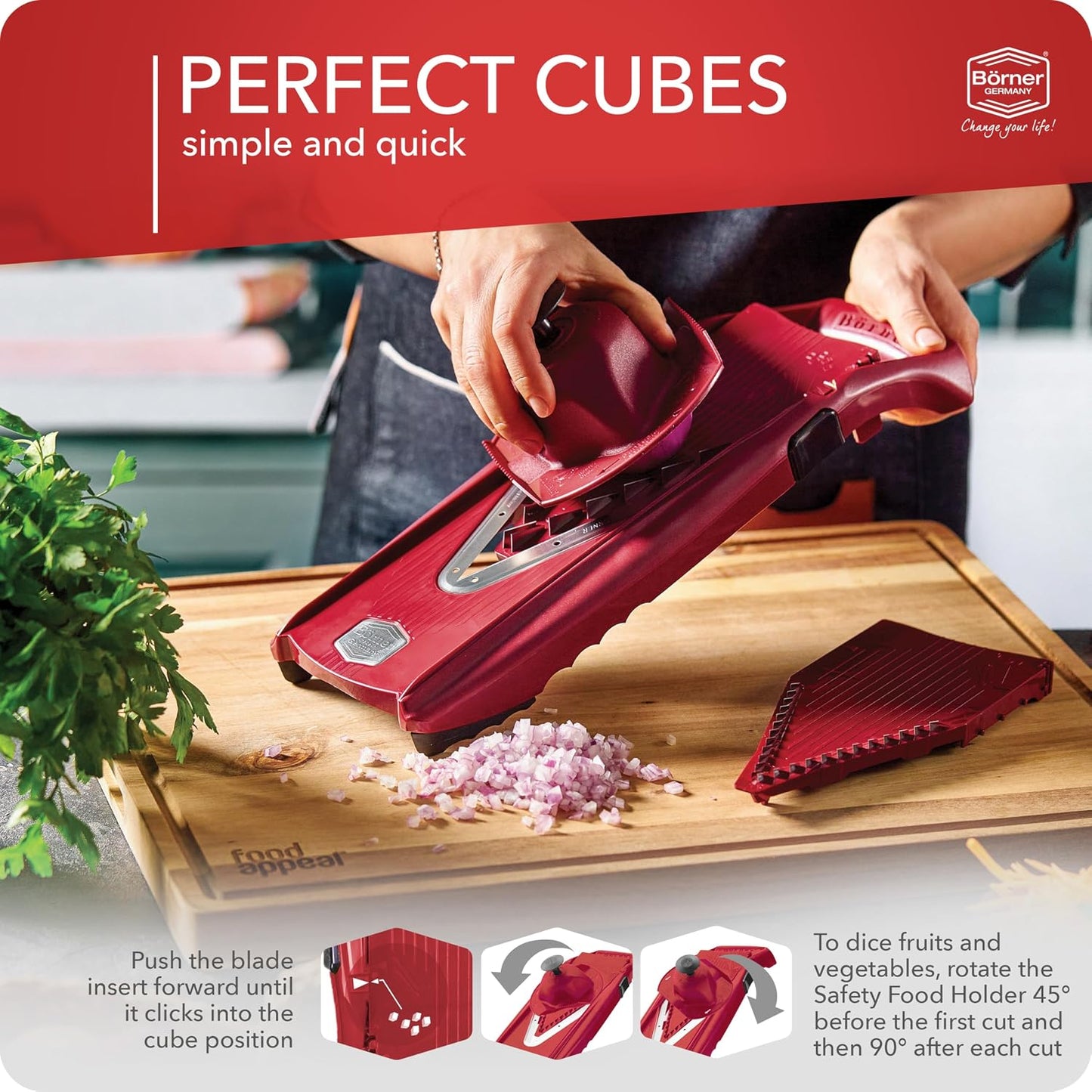 Mandoline Food Slicer Börner V5 (Profi Set) by Reston Lloyd • V-Slicer with 4 Inserts, Docking Station & Food Holder • Made in Germany • Fruit & Vegetable Chopper • Multiple Settings • Color: Purple