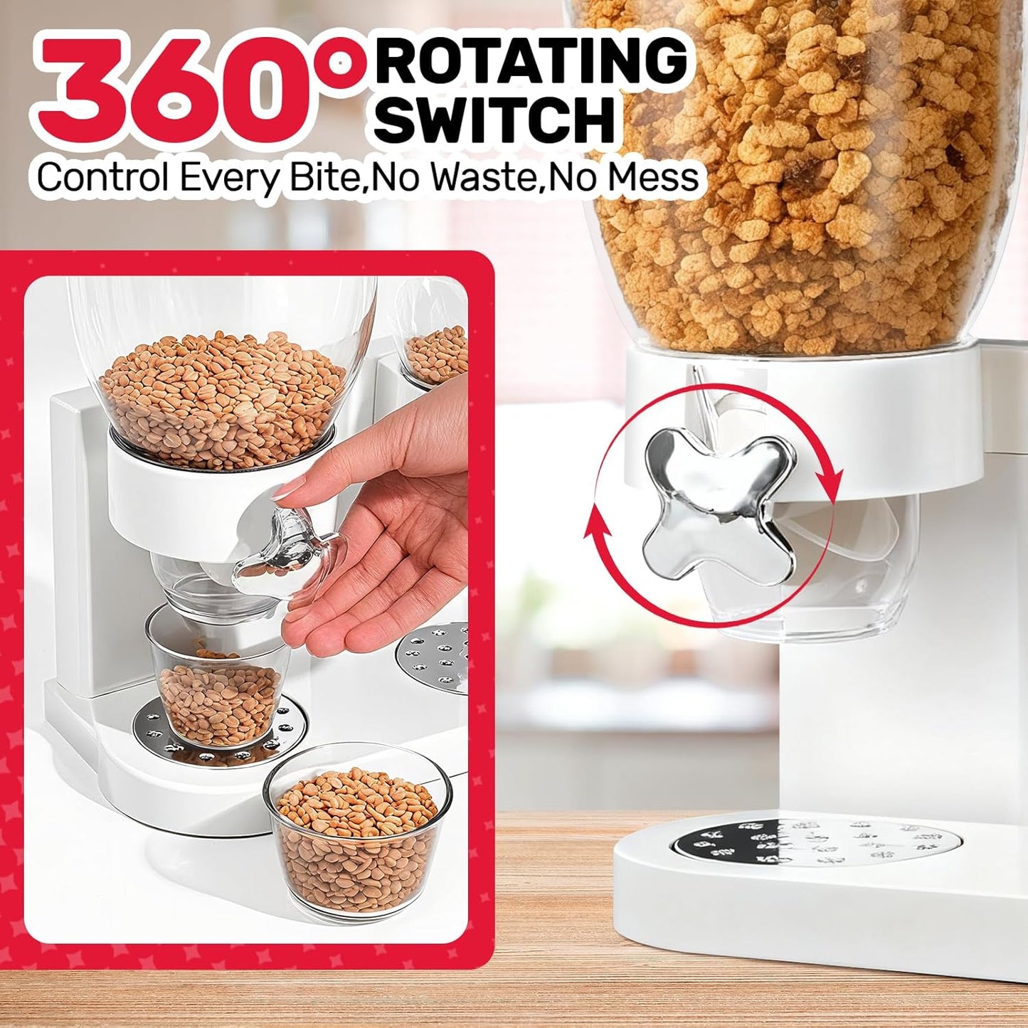 Triple Cereal Dispenser Countertop 2L, Airtight Cereal Containers Storage, Large Capacity Total 6L for Kitchen Pantry, Rotating Dry Food Dispenser for Candy, Nut, Coffee Beans, White