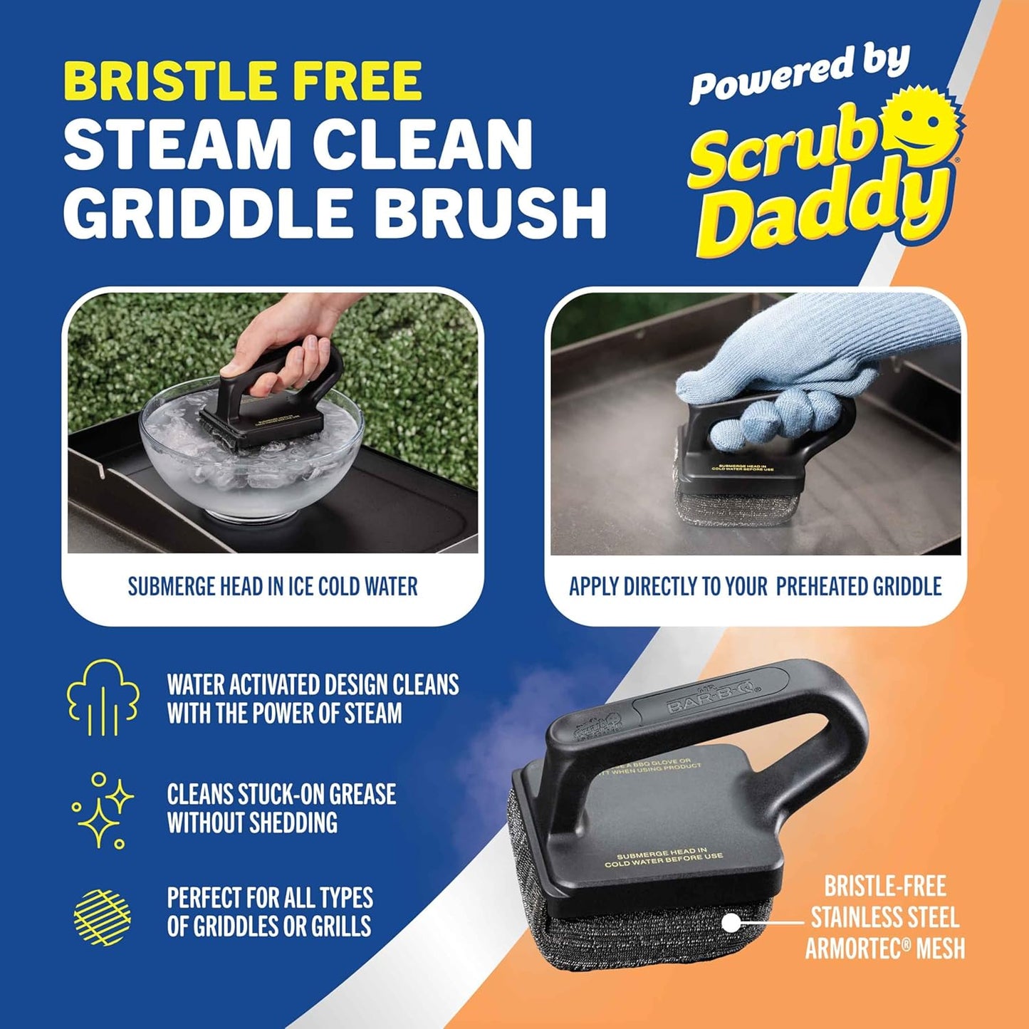 Mr. Bar-B-Q Bristle Free Large Steam Clean Griddle/Grill Brush Powered by Scrub Daddy