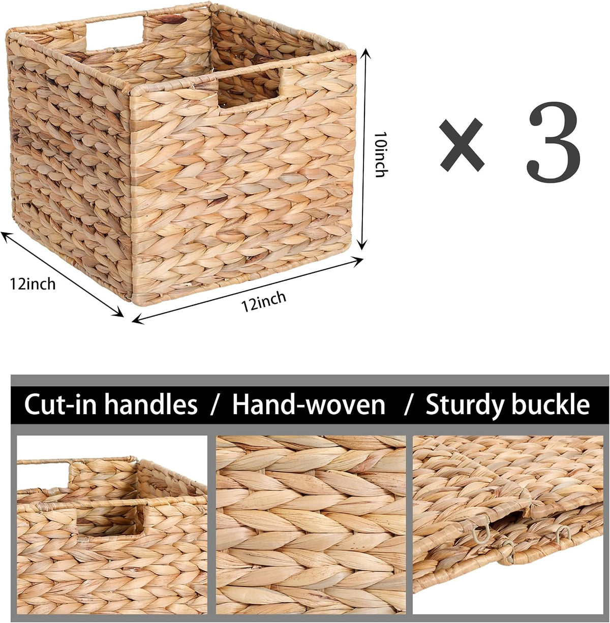 12x12x10in Water Hyacinth Storage Basket Large, Folding Cube Woven Wicker Storage Basket for Shelves, Pantry Baskets Organization and Storage, Kitchen Storage Baskets, Large Rattan Basket Set of 3