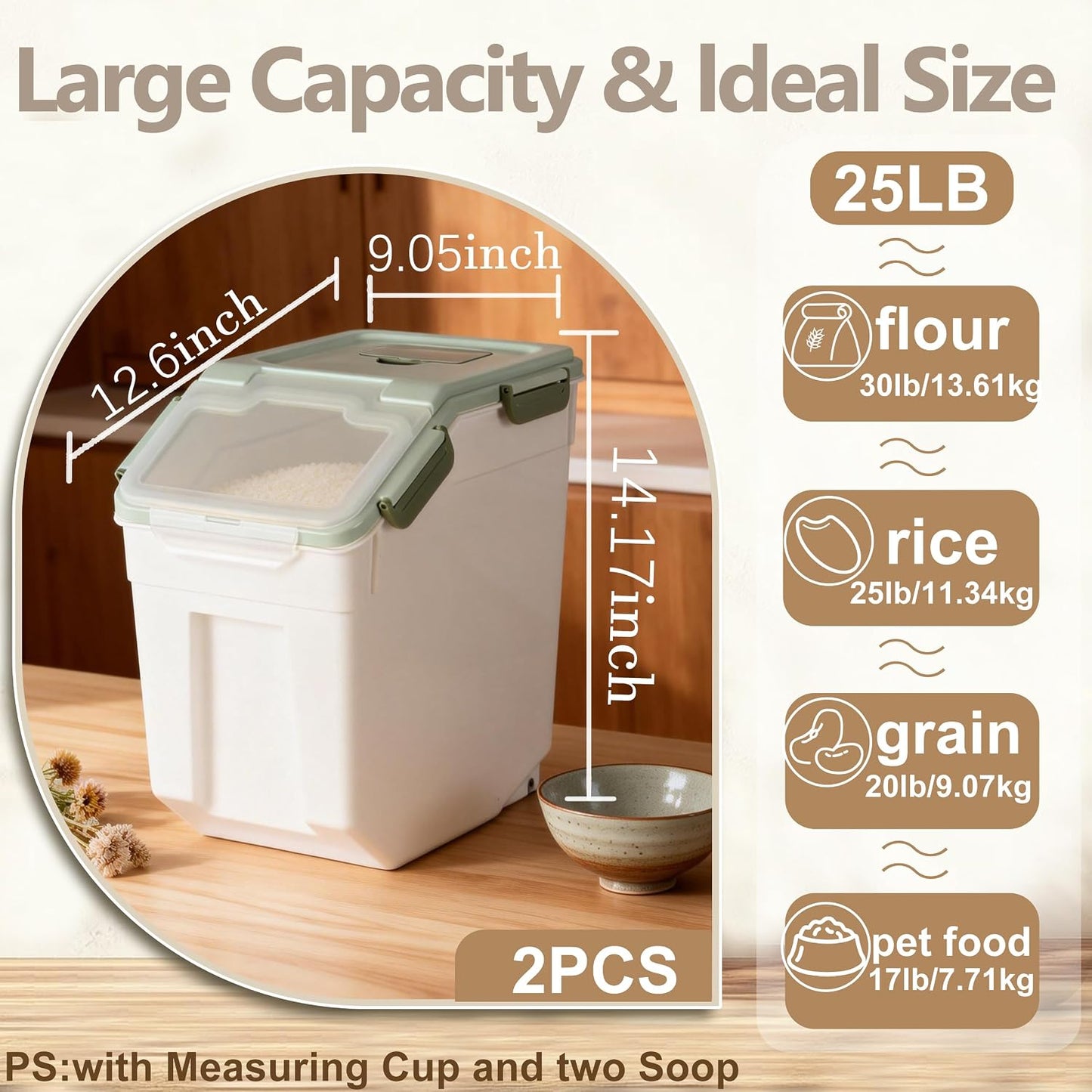 RUIAN 2Pcs Large Flour Storage Container Bin 50Lb Airtight Rice Storage Containers with Wheels Seal Locking Lid, BPA Free with Measuring Cup&Scoop for Flour, Rice, Grain 100LBS Total (Blue)