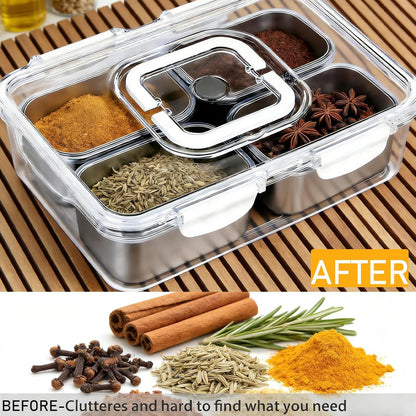 Snackle Box Container, Stainless Steel Divided Serving Tray with Lid and Handle, Large Snack Tray for Fruit Veggie Candy, 8-Compartment Snack Platter for Travel Party Beach Picnic